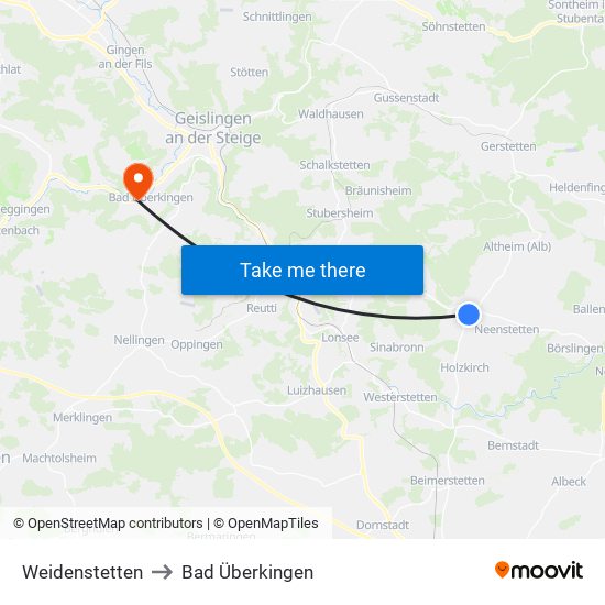 Weidenstetten to Bad Überkingen map