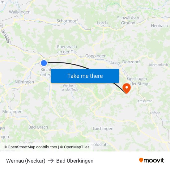 Wernau (Neckar) to Bad Überkingen map