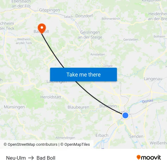 Neu-Ulm to Bad Boll map