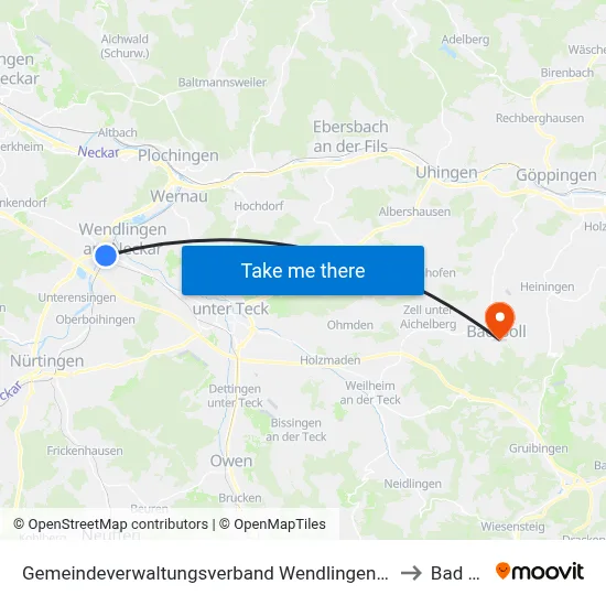Gemeindeverwaltungsverband Wendlingen am Neckar to Bad Boll map