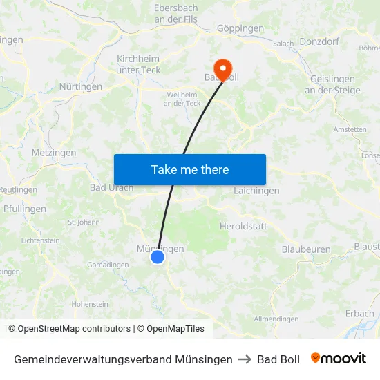 Gemeindeverwaltungsverband Münsingen to Bad Boll map