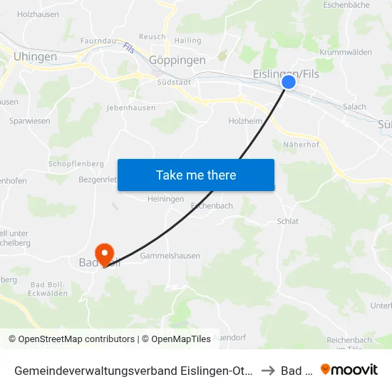 Gemeindeverwaltungsverband Eislingen-Ottenbach-Salach to Bad Boll map