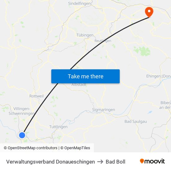 Verwaltungsverband Donaueschingen to Bad Boll map