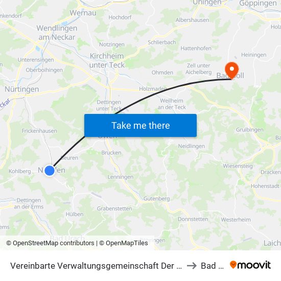 Vereinbarte Verwaltungsgemeinschaft Der Stadt Neuffen to Bad Boll map