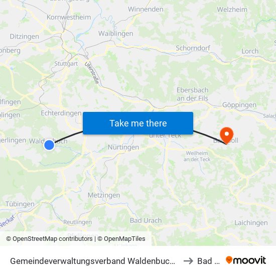 Gemeindeverwaltungsverband Waldenbuch/Steinenbronn to Bad Boll map