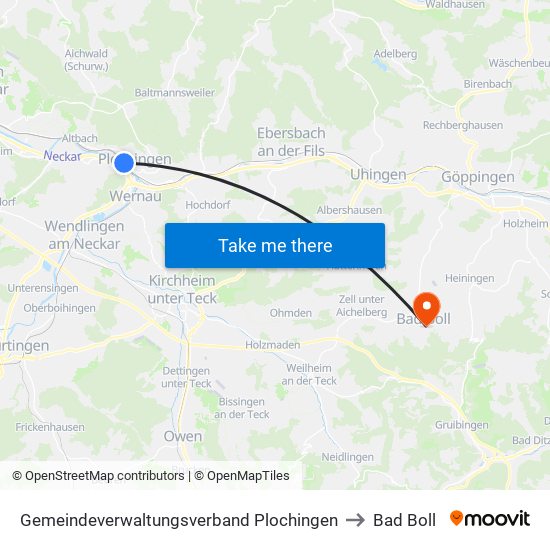 Gemeindeverwaltungsverband Plochingen to Bad Boll map