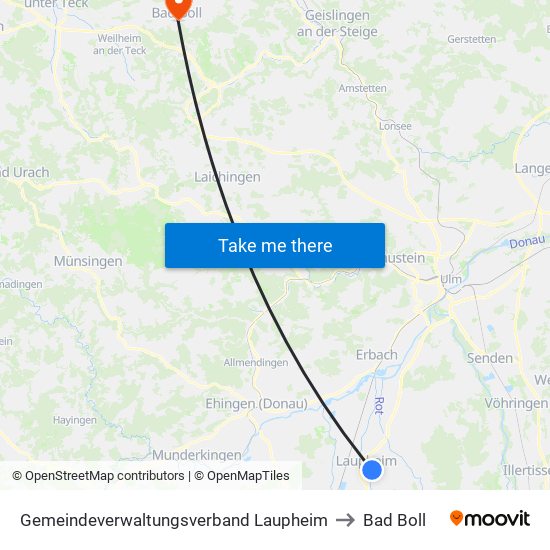 Gemeindeverwaltungsverband Laupheim to Bad Boll map