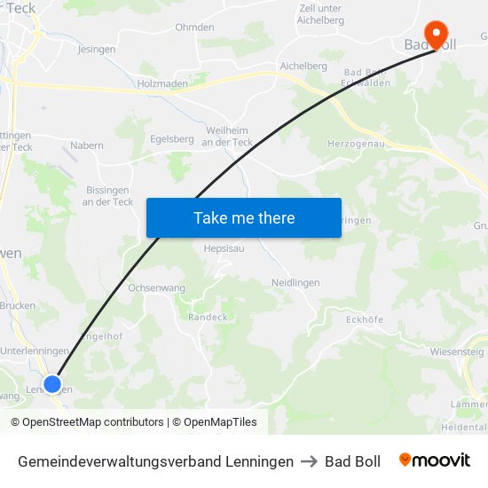 Gemeindeverwaltungsverband Lenningen to Bad Boll map