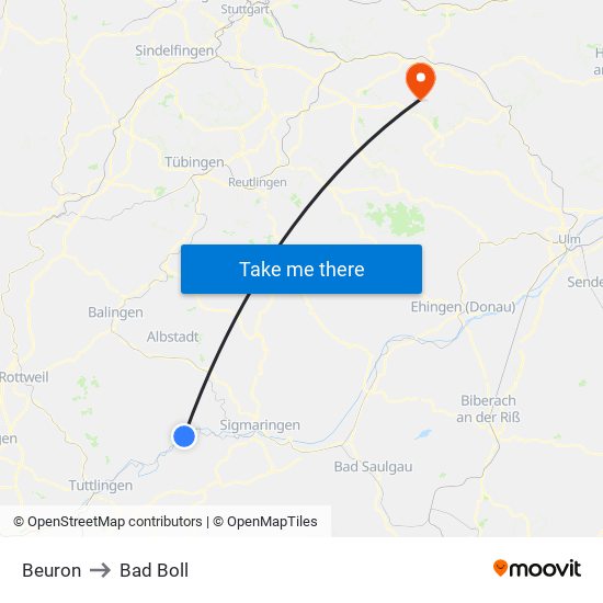 Beuron to Bad Boll map