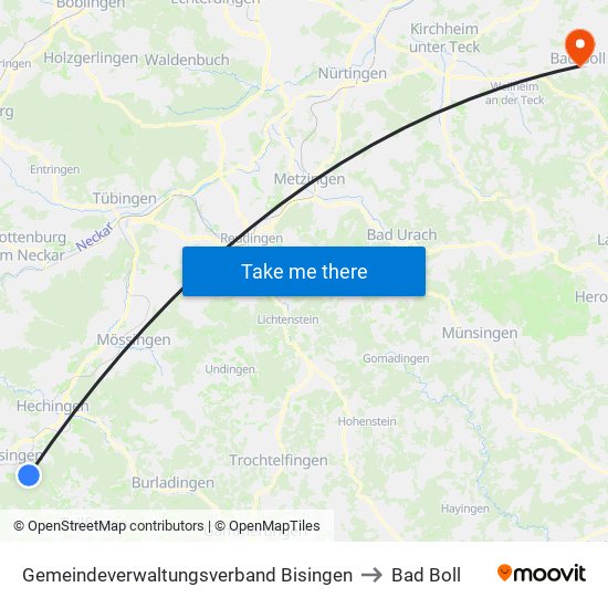 Gemeindeverwaltungsverband Bisingen to Bad Boll map