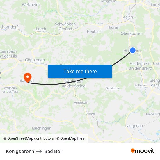 Königsbronn to Bad Boll map