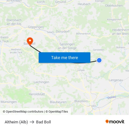 Altheim (Alb) to Bad Boll map