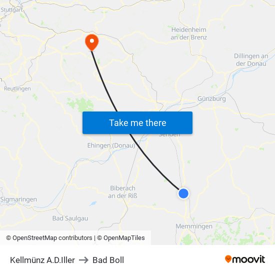 Kellmünz A.D.Iller to Bad Boll map