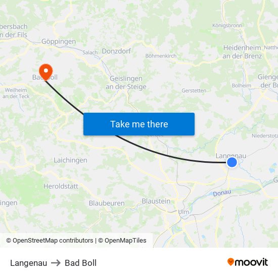 Langenau to Bad Boll map