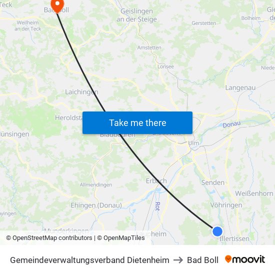 Gemeindeverwaltungsverband Dietenheim to Bad Boll map