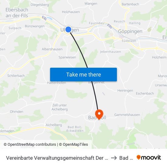 Vereinbarte Verwaltungsgemeinschaft Der Stadt Uhingen to Bad Boll map