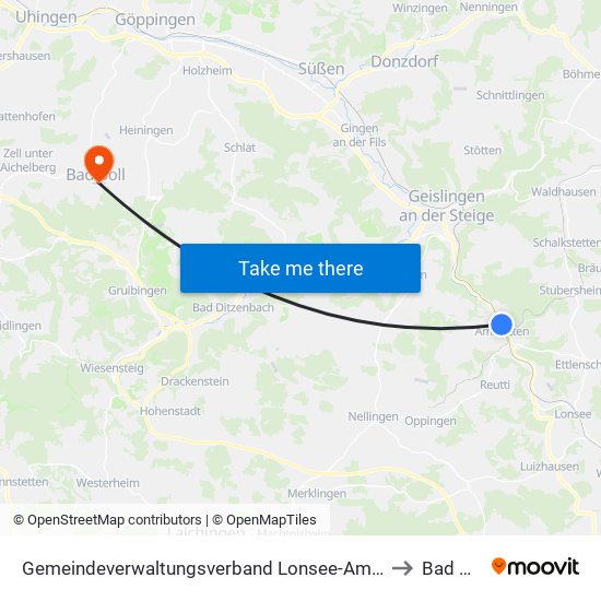 Gemeindeverwaltungsverband Lonsee-Amstetten to Bad Boll map