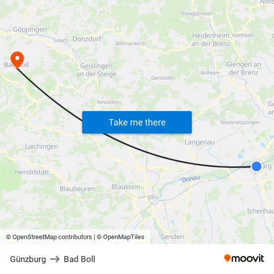 Günzburg to Bad Boll map