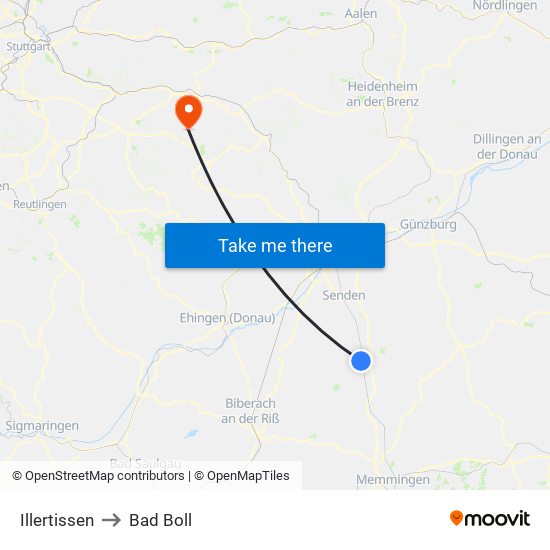 Illertissen to Bad Boll map