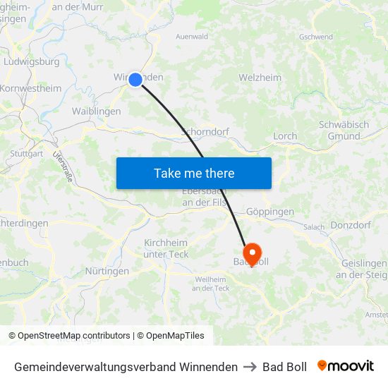 Gemeindeverwaltungsverband Winnenden to Bad Boll map
