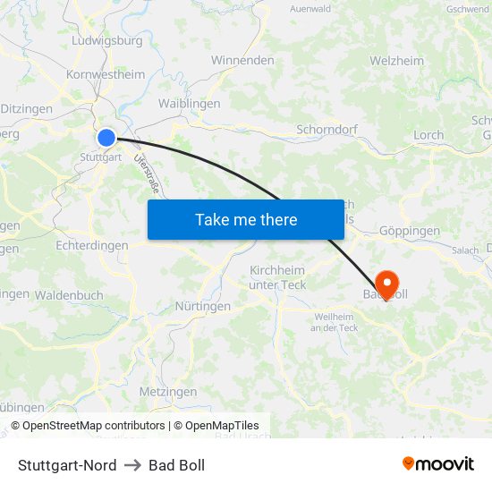 Stuttgart-Nord to Bad Boll map