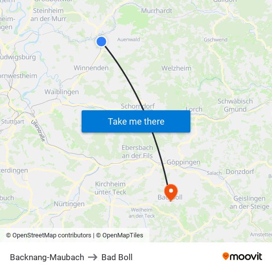 Backnang-Maubach to Bad Boll map