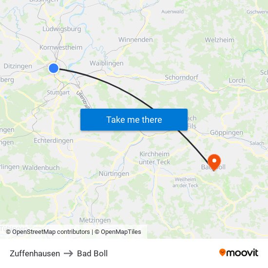 Zuffenhausen to Bad Boll map