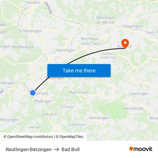 Reutlingen-Betzingen to Bad Boll map