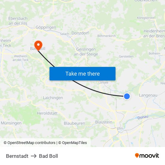 Bernstadt to Bad Boll map