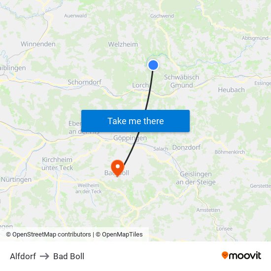 Alfdorf to Bad Boll map