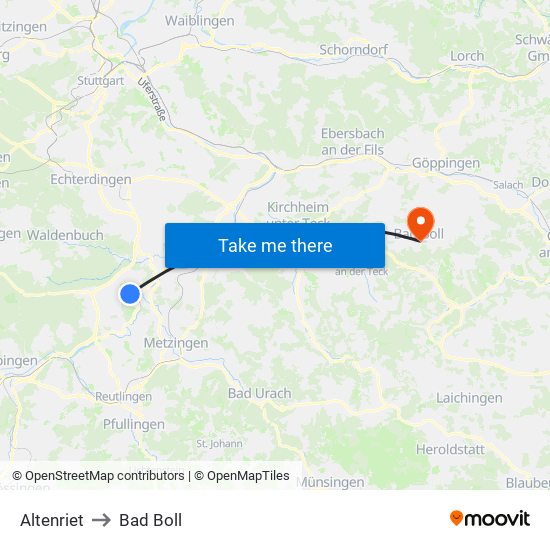 Altenriet to Bad Boll map