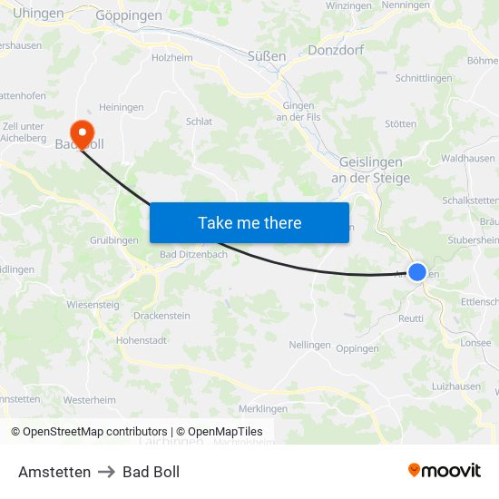 Amstetten to Bad Boll map