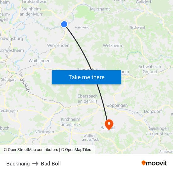 Backnang to Bad Boll map