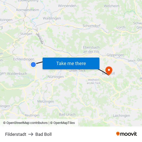 Filderstadt to Bad Boll map