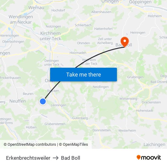 Erkenbrechtsweiler to Bad Boll map