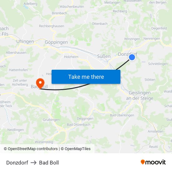 Donzdorf to Bad Boll map