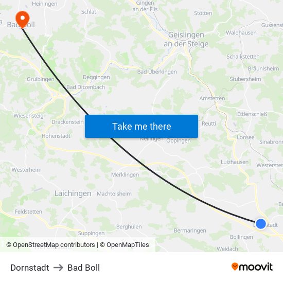 Dornstadt to Bad Boll map