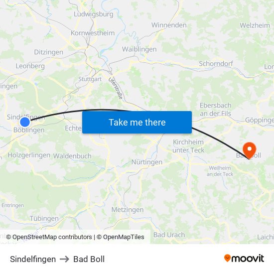 Sindelfingen to Bad Boll map