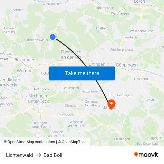 Lichtenwald to Bad Boll map