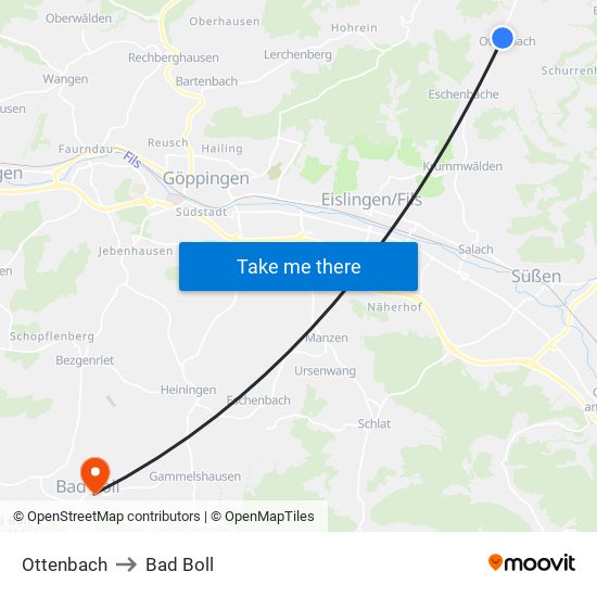 Ottenbach to Bad Boll map