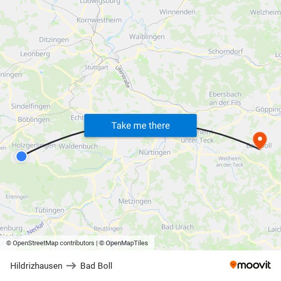 Hildrizhausen to Bad Boll map