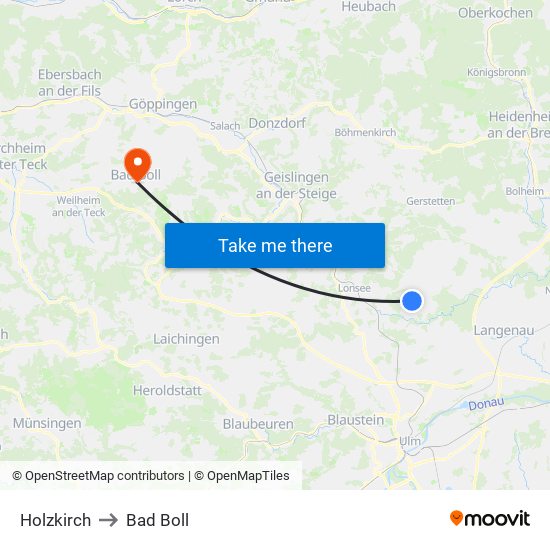 Holzkirch to Bad Boll map