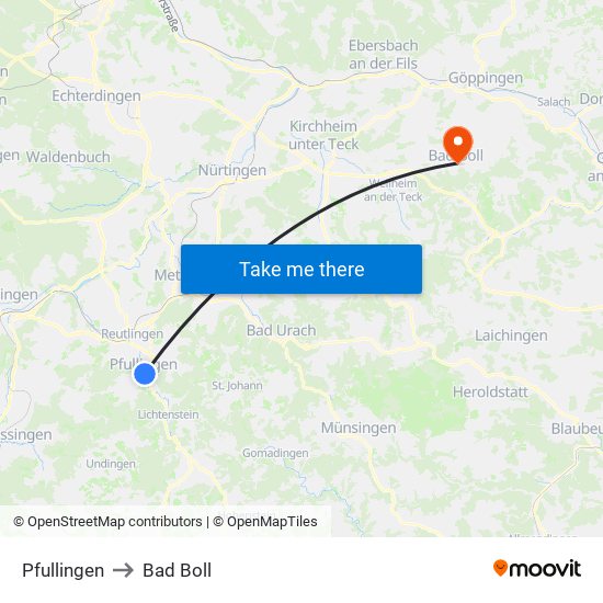 Pfullingen to Bad Boll map