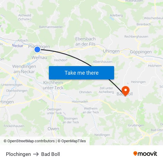 Plochingen to Bad Boll map