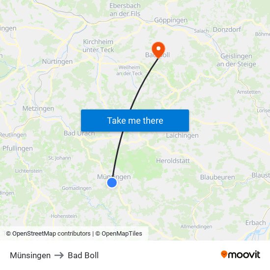 Münsingen to Bad Boll map