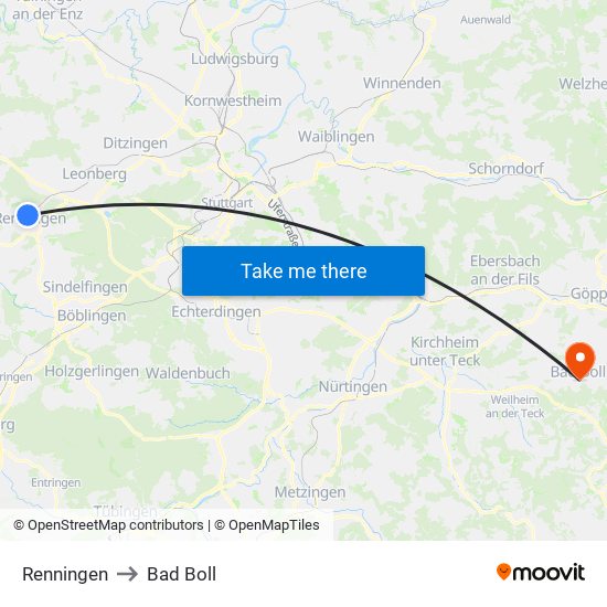 Renningen to Bad Boll map