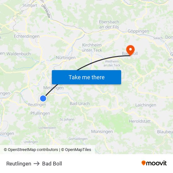 Reutlingen to Bad Boll map