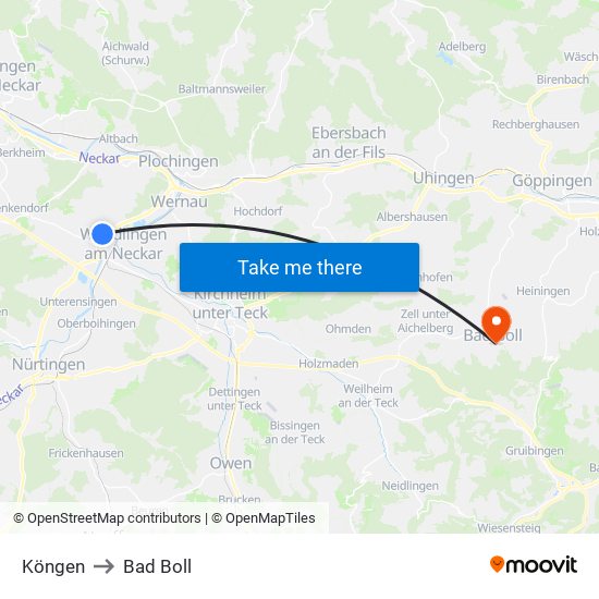 Köngen to Bad Boll map