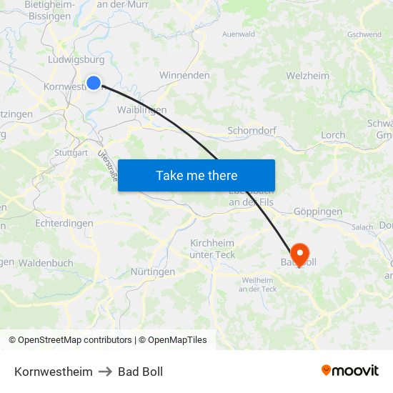 Kornwestheim to Bad Boll map