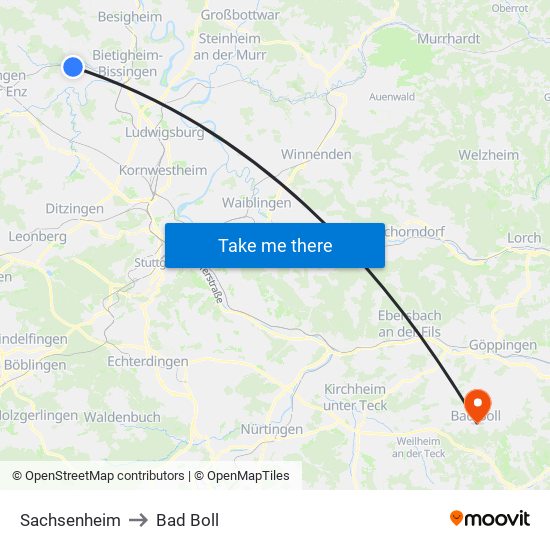Sachsenheim to Bad Boll map